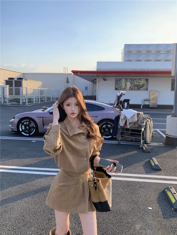 秋冬季新款韩版复古时髦百搭设计感麂皮连衣裙修身中长裙女