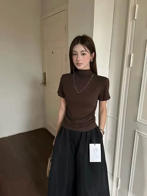 NY607-610秋季新款慕斯小高领T辣妹修身气质显瘦短袖T恤半身裙