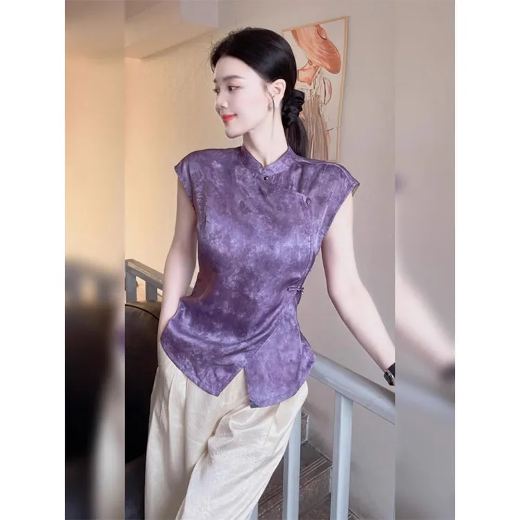 新中式国风元素高端大气上档次上衣高级感紫色立领印花衬衫女夏季