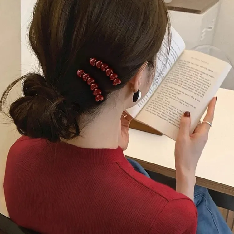 珍珠爱心发夹八字刘海侧边夹红色美少女壮士无痕发卡发饰女上班族