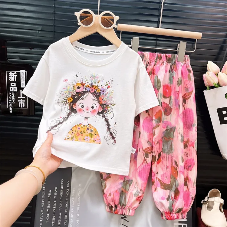 儿童纯棉T恤夏季女童短袖上衣女孩立体蝴蝶半袖宝宝休闲防蚊裤夏