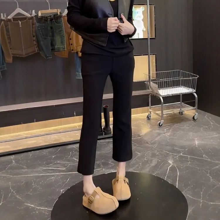 大码女装高腰显瘦百搭窄版休闲裤2025秋季新款开叉修身八分烟管裤