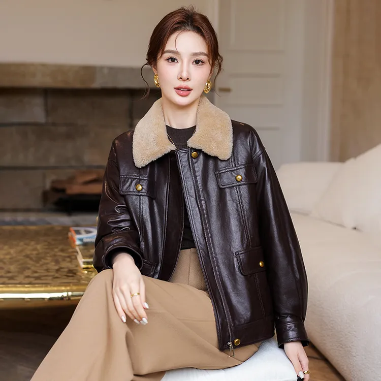 欧洲站冬新款时尚休闲油蜡绵羊皮加绒服女短款真皮保暖外套