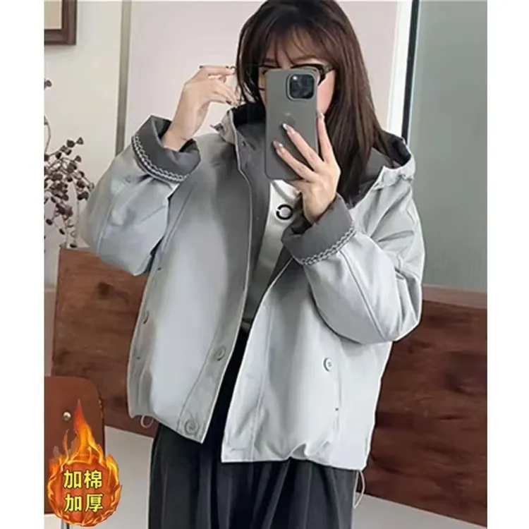 爆款秋冬新款连帽加棉加厚拼色刺绣高级感宽松休闲短款棉服外套