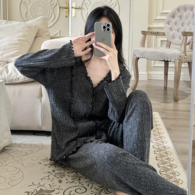 2025新款春秋季慵懒风睡衣女v领长袖宽松简约家居服睡衣秋款女