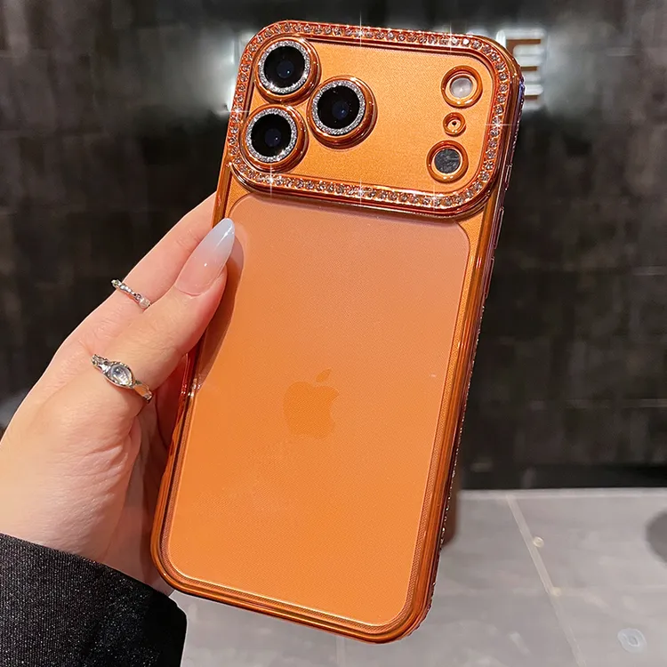 适用iphone17promax手机壳女新款硅胶橙色水钻苹果17镜头全包保护