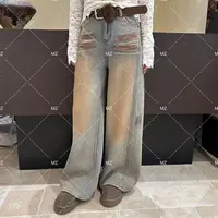 【格子家】显瘦高腰做旧加绒直筒牛仔裤加腰带B521