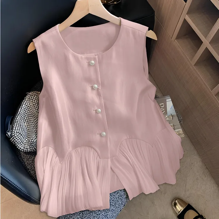 荷叶边拼接珠光缎面无袖上衣女2025夏季新款法式温柔气质减龄背心