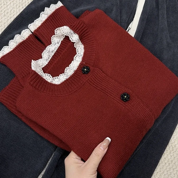 新款山茶花蕾丝开衫外套秋冬新年红加厚外套减龄内搭样衣上衣