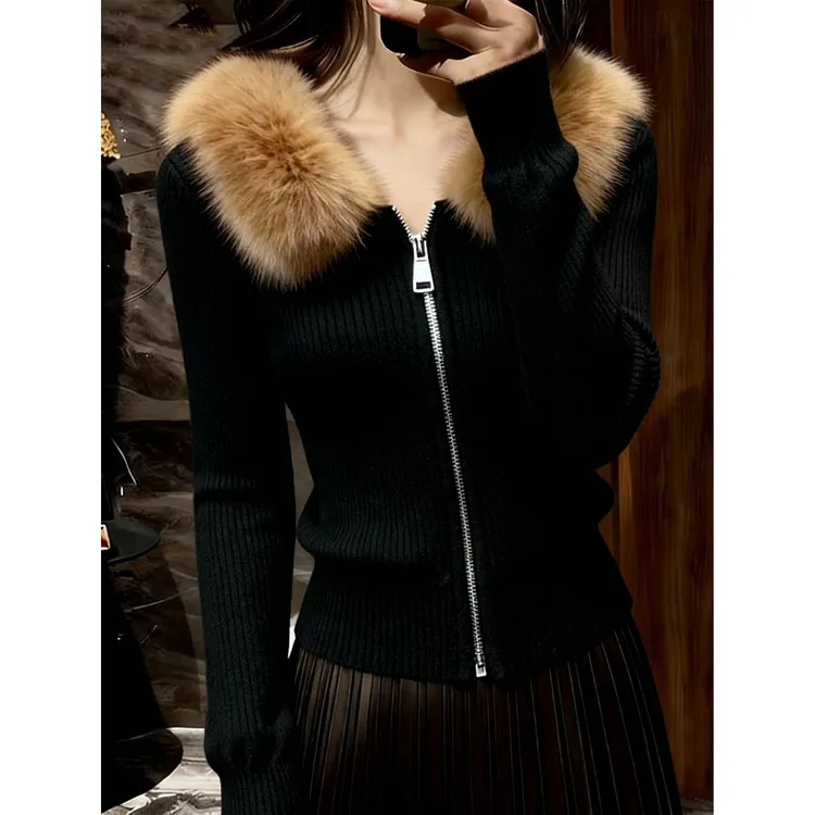 2025秋冬季新款高级感洋气时髦气质女装炸街长袖毛领毛衣针织开衫