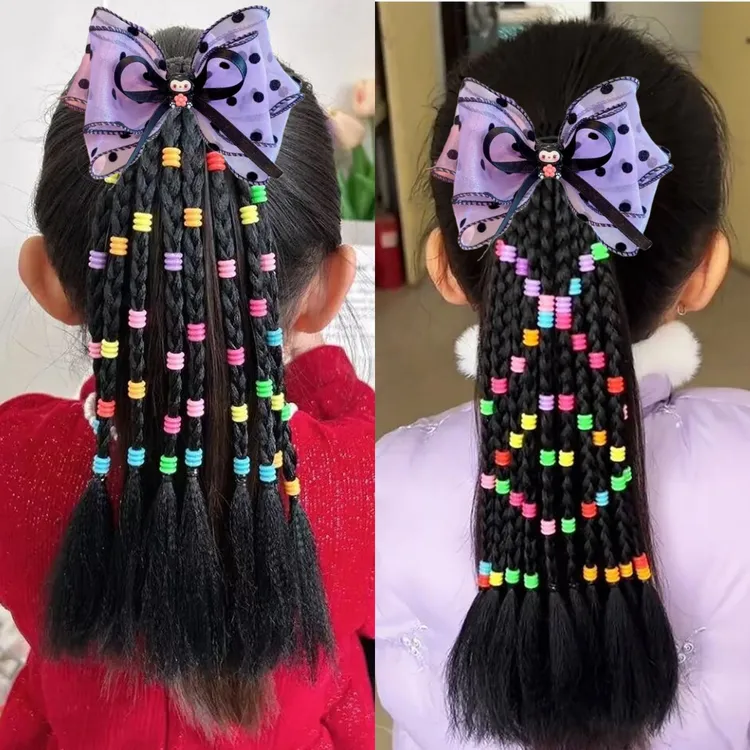 儿童麻花辫假发12股库洛米蝴蝶结幼儿园舞台表演假发辫子马尾