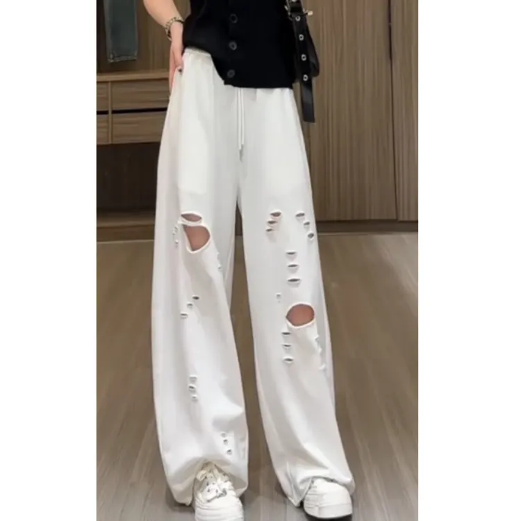 夏季高腰百搭宽松时尚阔腿潮流显瘦阔腿破洞休闲裤