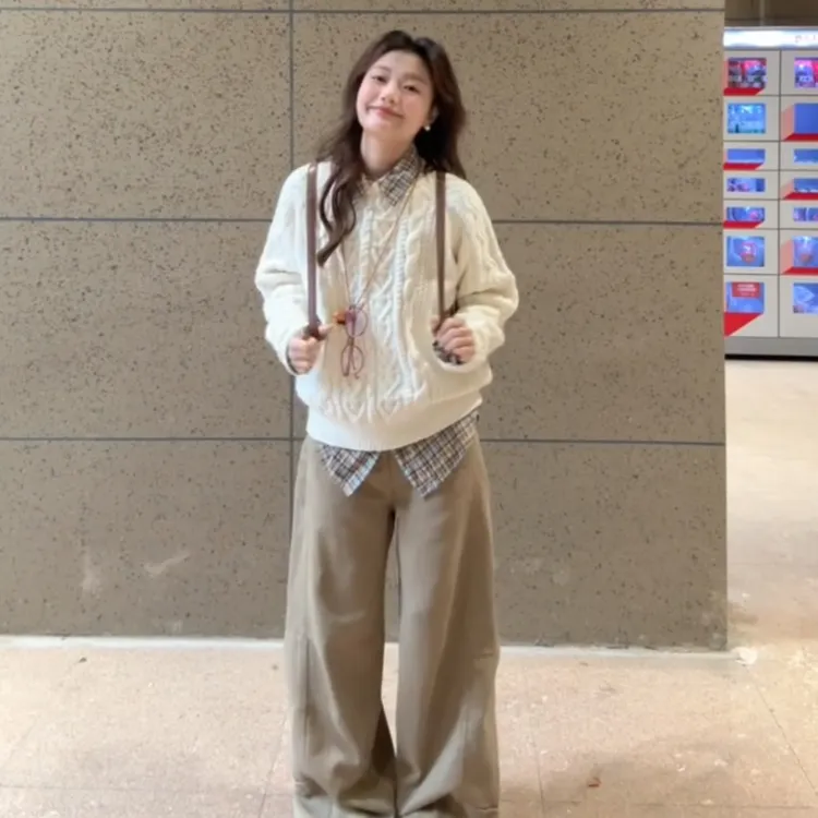 新款慵懒风叠穿通勤百搭上衣两件套宽松高腰阔腿裤套装