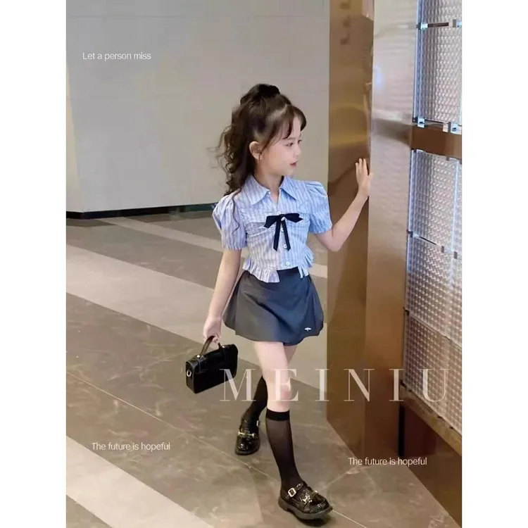 女童套装洋气夏季新款女孩条纹衬衫儿童半身裙学院风两件套潮