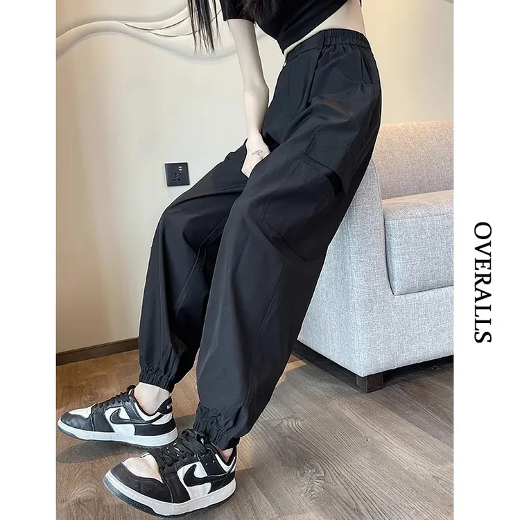 黑色速干运动裤女夏季薄款2025新款高腰显瘦小个子休闲哈伦工装裤