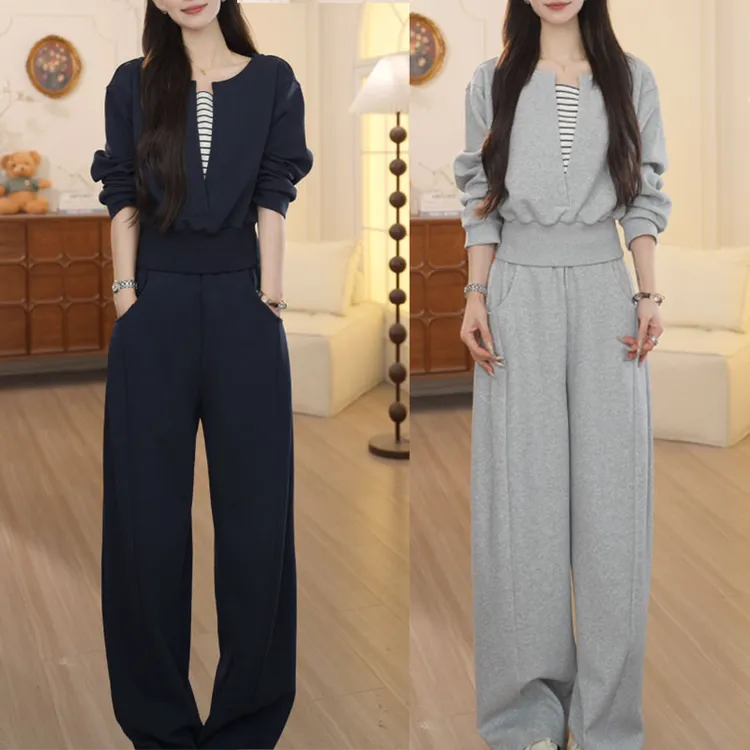 时尚假两件设计卫衣女士2025秋季新款宽松阔腿休闲裤气质显瘦套装