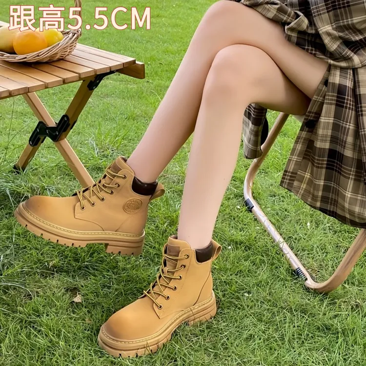 内增高真皮马丁靴女2025新款厚底复古大黄靴女靴英伦风高帮短靴子