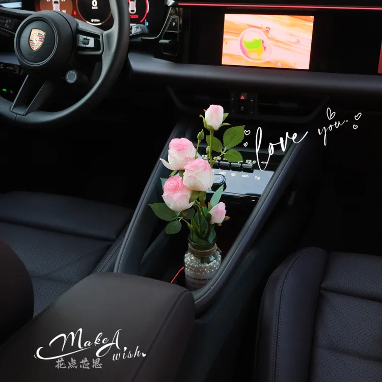 高级感仿真5头焦边玫瑰车载车内氛围摆件装饰玫瑰仿真花内饰创意
