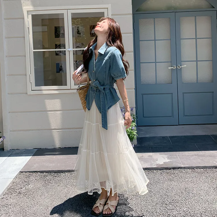 2072美式牛仔外套白色蛋糕裙套装女夏季2025新款设计感穿搭一整套