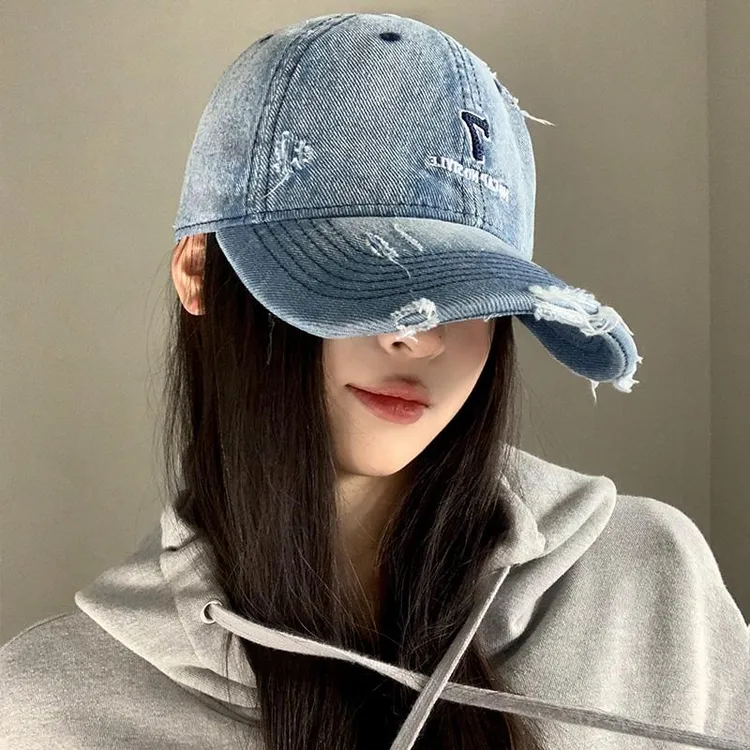 水洗牛仔破洞棒球帽女宽帽檐显脸小复古鸭舌帽韩版百搭大头围帽子