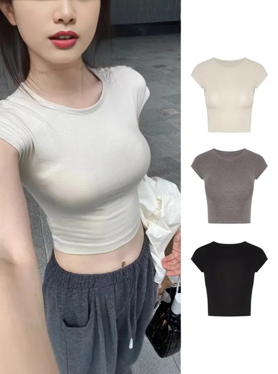正肩T恤短袖女新款修身显瘦露脐短款百搭上衣纯欲风辣妹紧