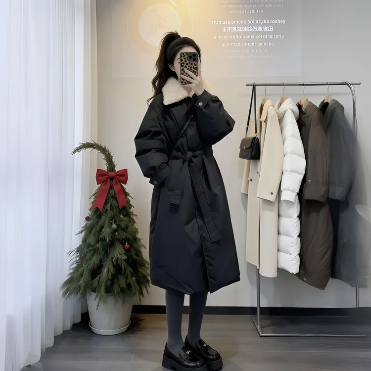 羽绒服长款落肩袖女单排扣加厚保暖外套韩版收腰时尚冬季羽绒大衣