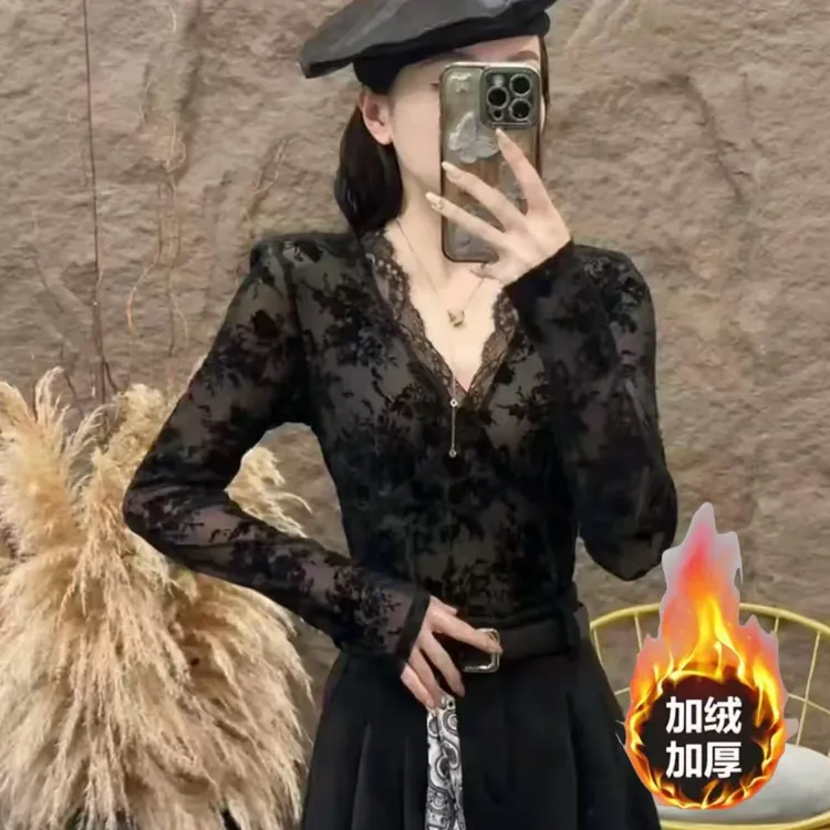 冬季加绒加厚轻熟风性感蕾丝长袖修身型打底衫洋气时尚百搭显瘦