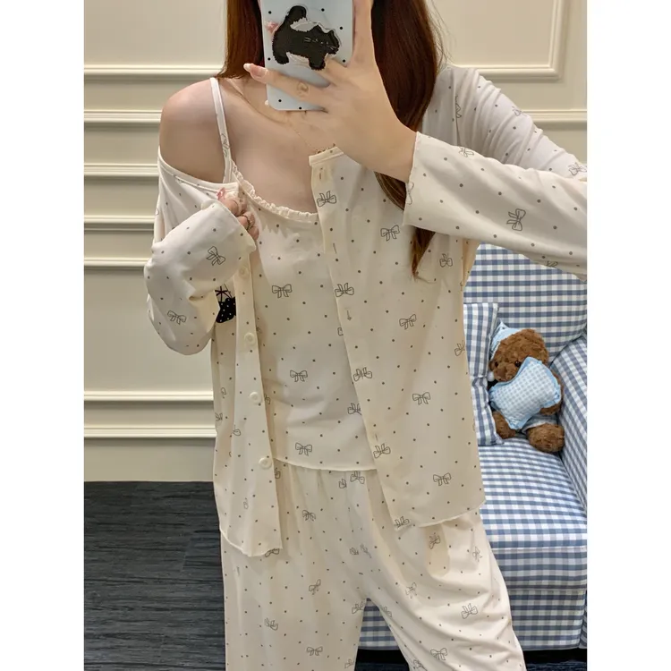 韩国ins风三件套甜美睡衣女春秋冬季棉质长袖带胸垫家居服套装