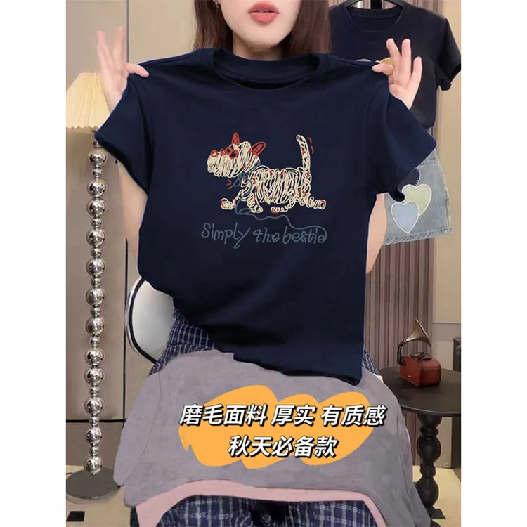 藏青色正肩磨毛短袖t恤女士高档上衣百搭显瘦洋气外出打底衫秋冬