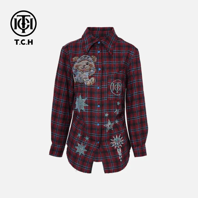 下架款TCH下架秋冬慵懒风烫钻时尚淑女百搭红色衬衣T75D13E1001轻