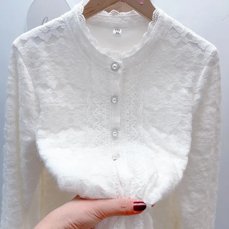 网纱蕾丝加绒打底衫加厚立领宽松衬衫显瘦遮肉内搭小香风保暖衬衣