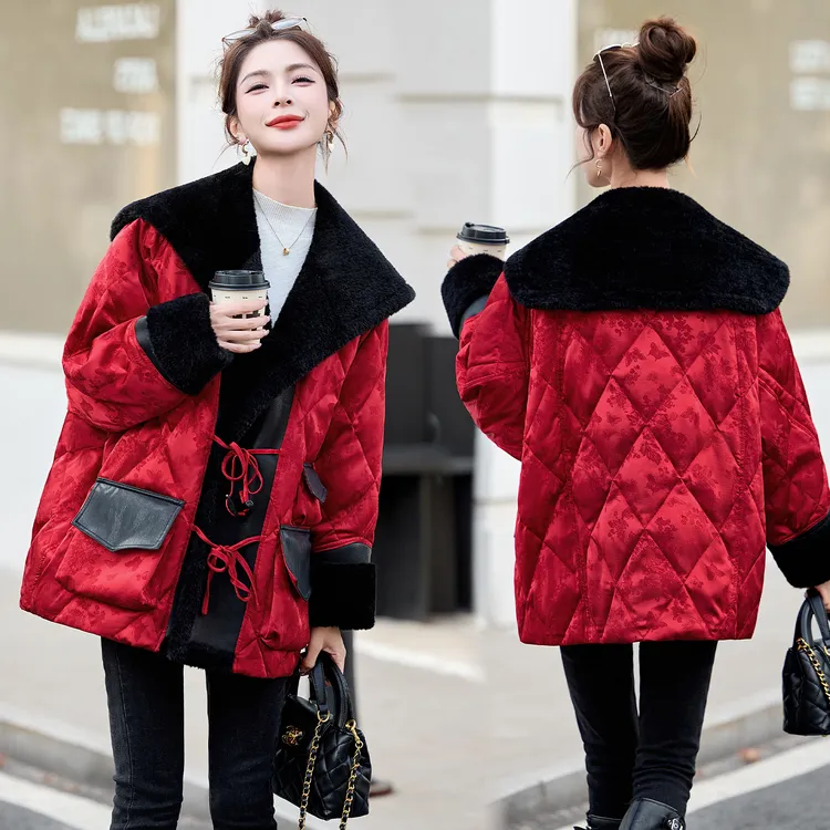 羽绒服女中长款2025冬装新款巨好看的新中式红色海军领保暖厚外套
