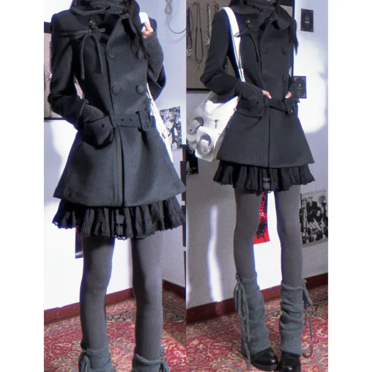 韩系巨好看的灰色双排扣低腰带毛呢大衣女冬季收腰气质中长款外套