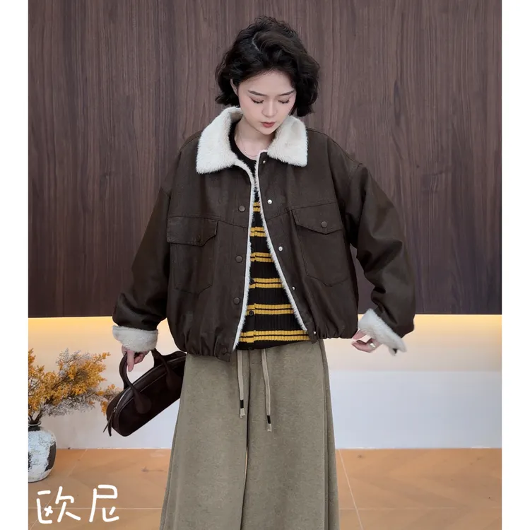 欧尼私服 2025秋冬新款毛领加厚气质显瘦夹克外套2509C6284