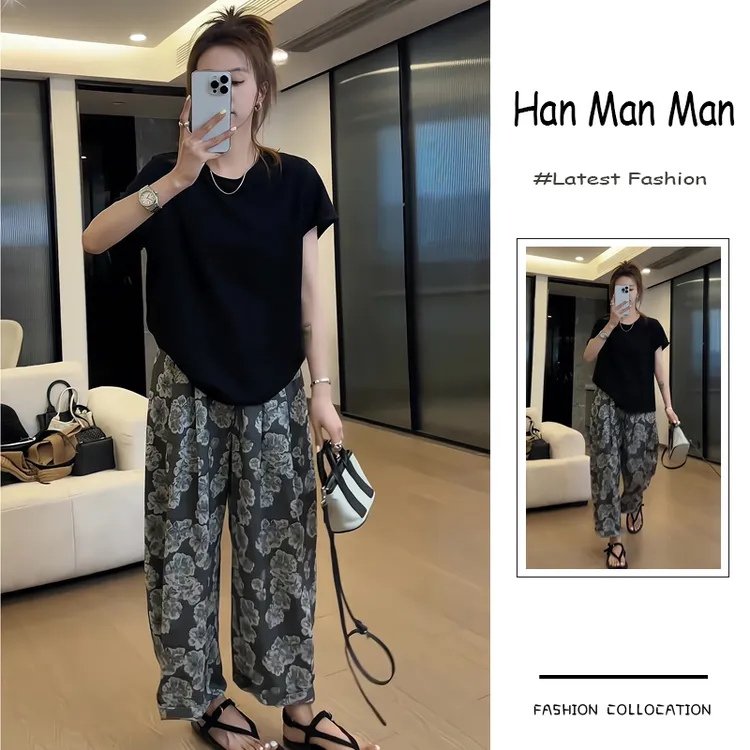 夏季流行穿搭一整套新款2025年韩版时尚洋气短袖上衣阔腿裤两件套