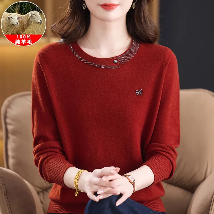 中老年羊毛衫女100纯羊毛秋冬新款妈妈装大码宽松圆领毛衣打底衫