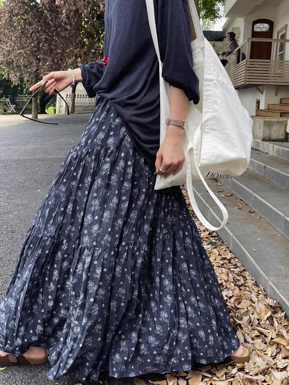 2025早秋新款碎花半身裙女高腰大摆长裙子宽松显瘦复古高级感半裙