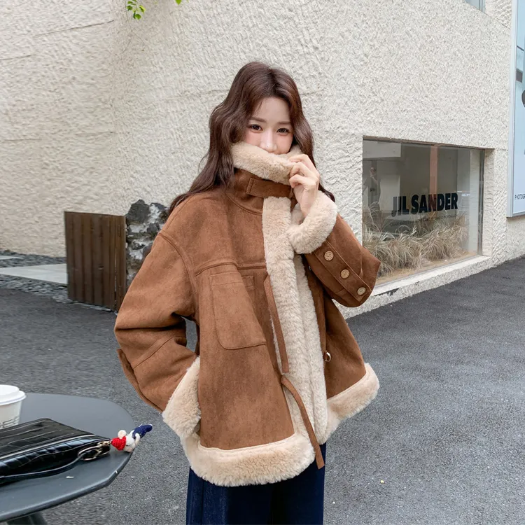 冬季美拉德皮毛一体外套女2025新款加绒加厚甜酷氛围感机车服棉衣