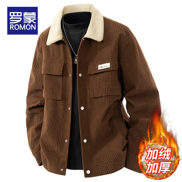 罗蒙男士冬季夹克加绒加厚保暖外套男款潮流百搭休闲翻领上衣男装