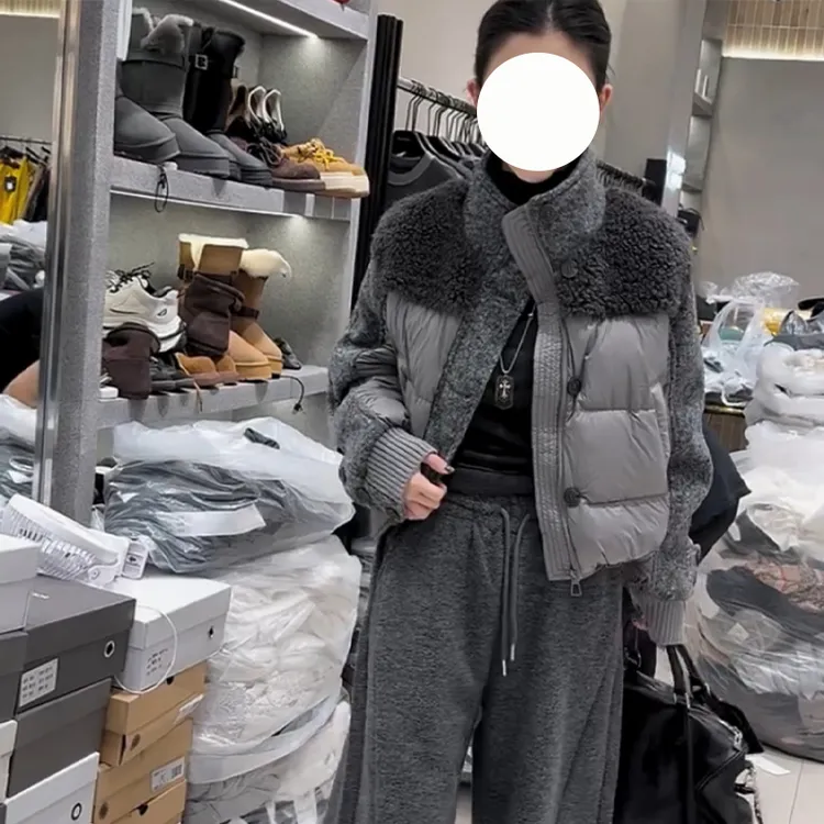 韩系立领羊羔毛拼接毛呢棉服2025冬新款大码胖mm短款保暖棉衣外套