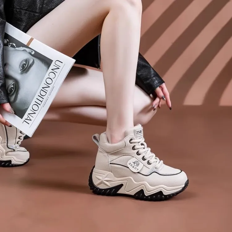小个子时尚真皮女鞋加绒百搭厚底运动鞋增高休闲鞋秋冬跑步老爹鞋