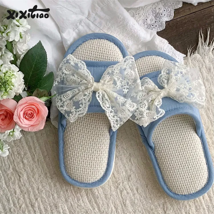 细细条 韩系蕾丝蝴蝶结亚麻拖鞋女士居家吸汗四季通用透气地板鞋