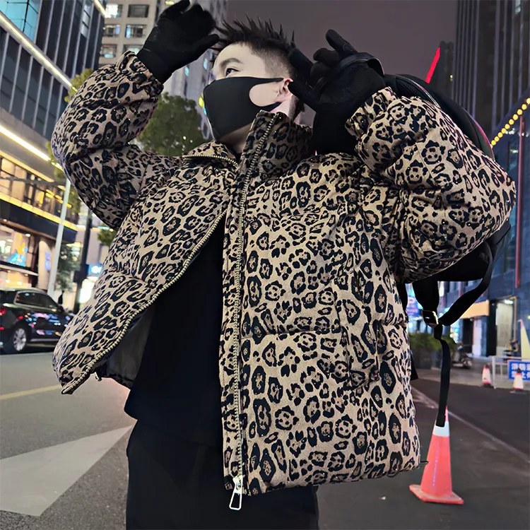 棉服豹纹休闲常规款男加厚棉衣修身型潮流秋冬保暖冬季宽松短款
