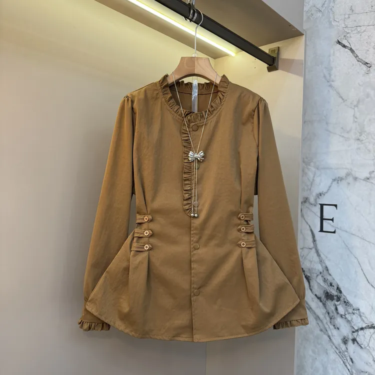 2025大码气质欧货胖mm别致时尚设计感百搭圆领花边显瘦衬衫7959