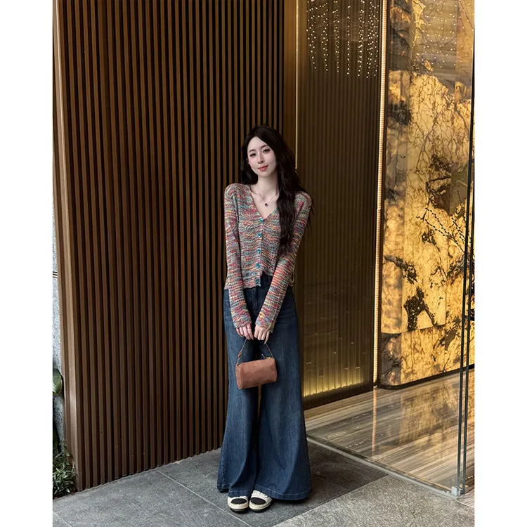 YUANLIANSU/圆脸酥【山落晚霜】彩虹条纹拼接长袖针织衫女秋季新款