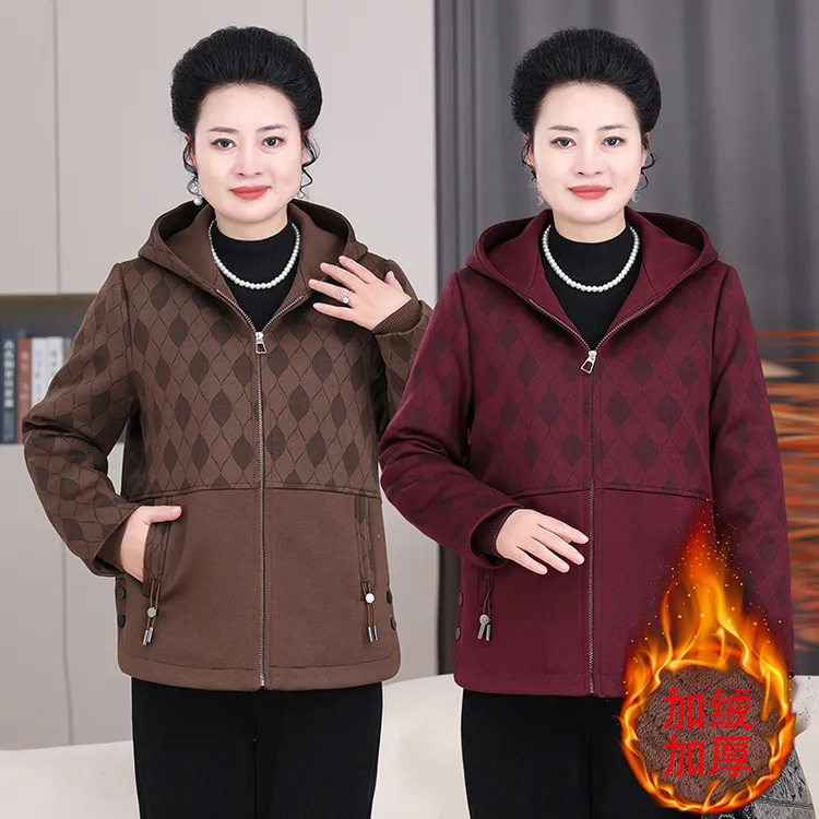 大码妈妈装冬季新款加绒加厚连帽外套中老年妈妈休闲保暖上衣2579