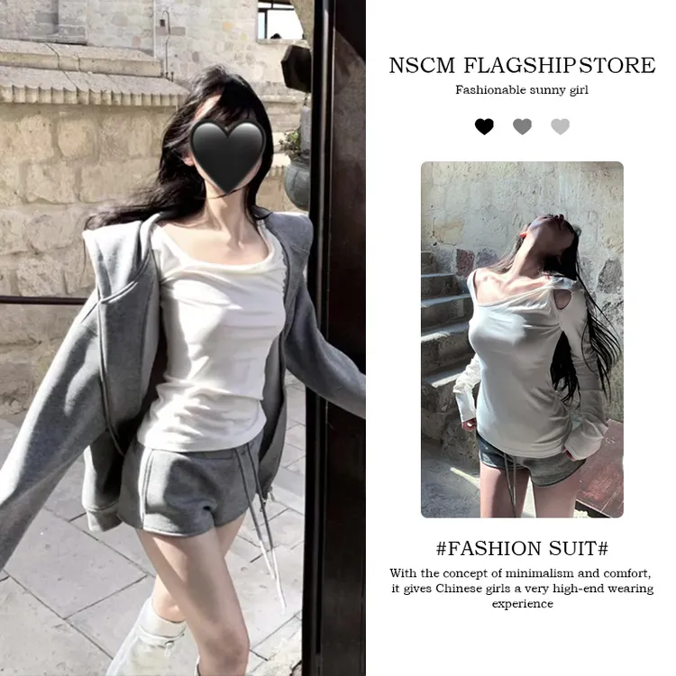 NSCM夏季新款女生韩系ins衣服设计感上衣慵懒灰色卫衣高腰短裤