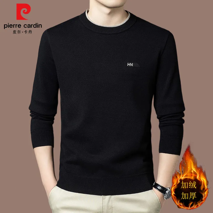 皮尔卡丹秋冬季加绒加厚羊毛圆领针织衫男士潮流休闲保暖针织打底