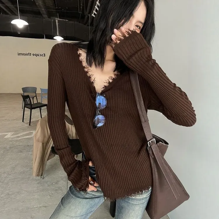 复古V领竖坑条毛边针织衫2025秋季大码胖MM长袖显瘦套头内搭上衣