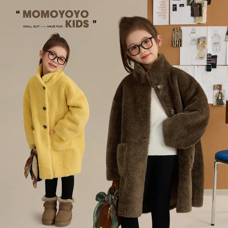 辰辰妈【糯叽叽】儿童皮毛一体大衣单排扣女童中长款外套9215D